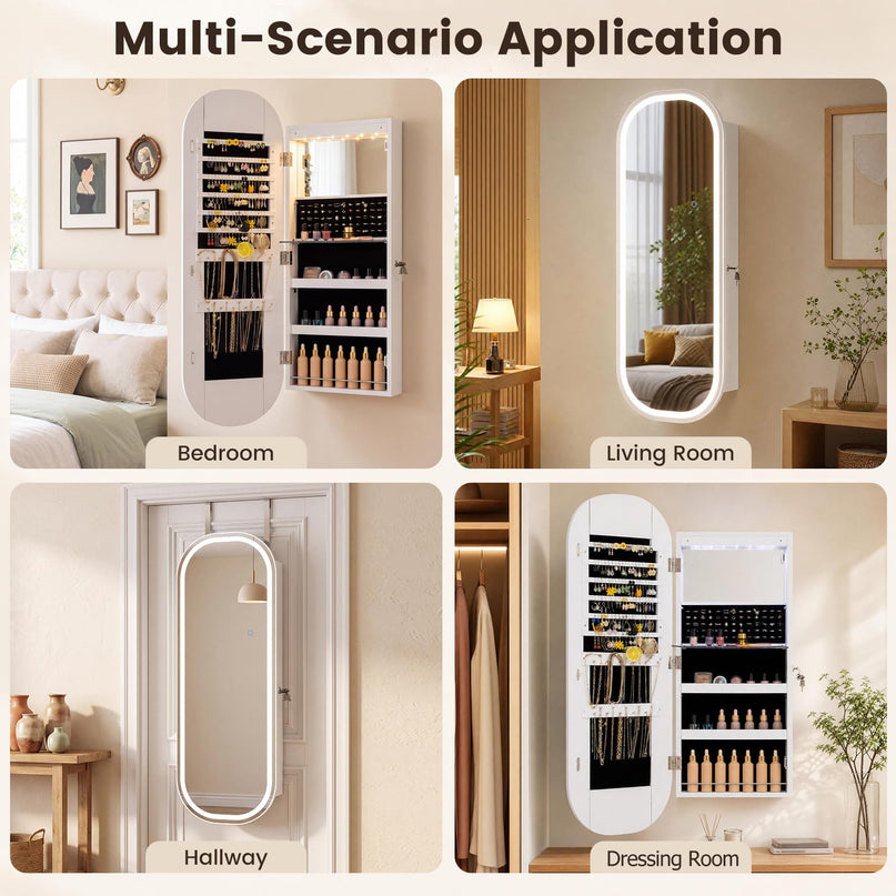 CHARMAID Wall Mount & Over the Door LED Full Length Mirror Jewelry Cabinet