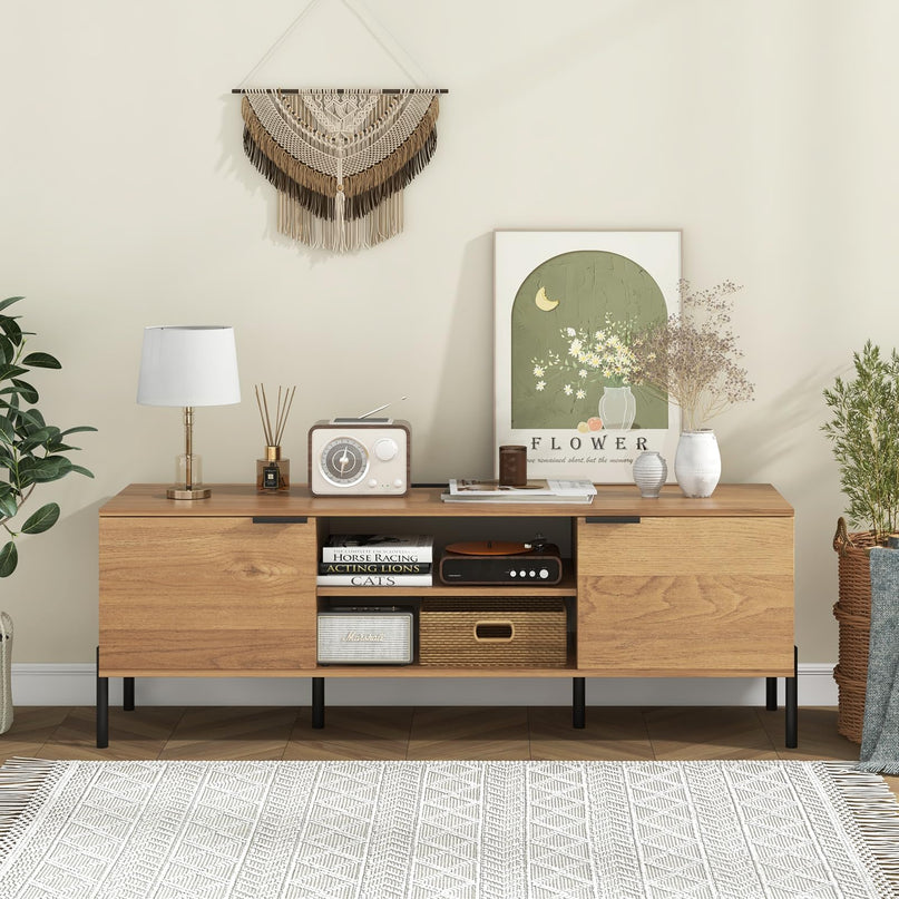 Giantex TV Stand for TVs up to 65”, Entertainment Center with Charging Station, 2 Cabinets, Open Shelves, 6 Sturdy Metal Legs