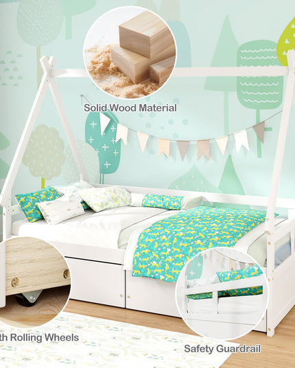 Giantex Twin Bed with 2 Storage Drawers, Wood Montessori House Tent Bed Frame with Safety Guardrail