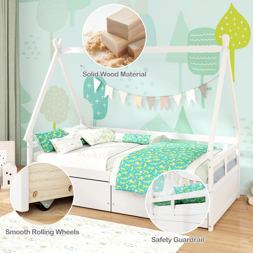 Giantex Twin Bed with 2 Storage Drawers, Wood Montessori House Tent Bed Frame with Safety Guardrail