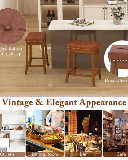 Giantex Bar Stools Set, 25" Counter Height Bar Stools w/Saddle Seat, Footrest, Rivet, Button Tufted, Rubber Wood Frame
