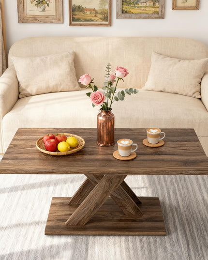 Giantex 37.5 Inch Wood Farmhouse Coffee Table with Stable Base & Rubber Wood Connection