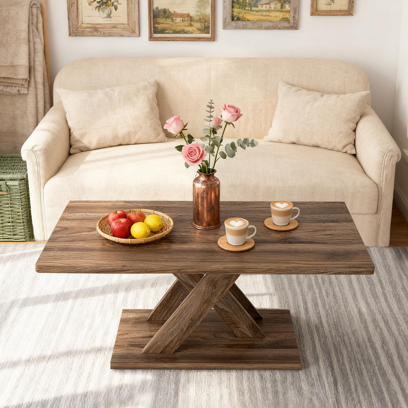 Giantex 37.5 Inch Wood Farmhouse Coffee Table with Stable Base & Rubber Wood Connection