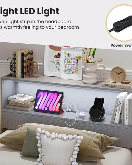 Giantex Twin Bed Frames with Storage Headboard, Wood Platform Bed with Charging Station & LED Light