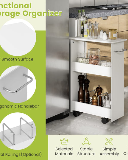 Giantex Slim Storage Cart, 3-Tier Rolling Slide Out Utility Cart w/ Handle, White