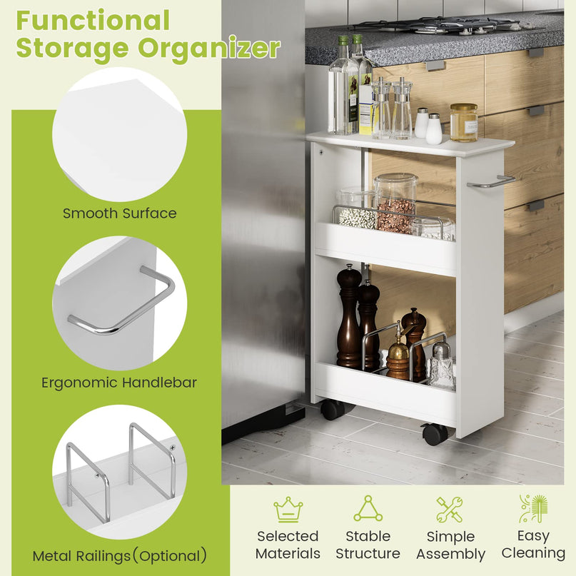 Giantex Slim Storage Cart, 3-Tier Rolling Slide Out Utility Cart w/ Handle, White