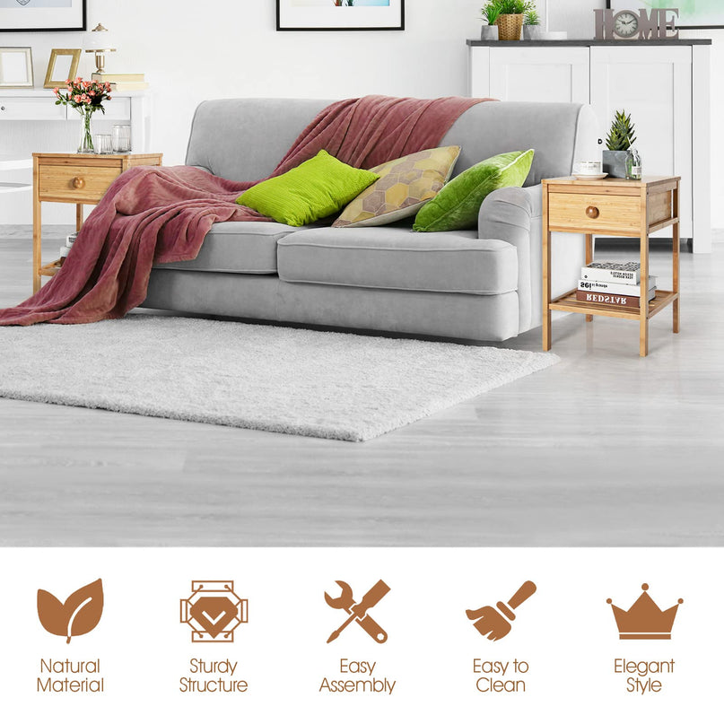 Giantex Nightstand Bamboo Bedside Table with Drawer, Open Shelf, Multifunctional Side Table