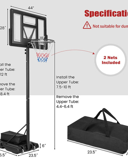 Giantex Basketball Hoop Outdoor 4.4-10 FT Adjustable, Portable Basketball Hoop Goal System w/ 44 Inch Shatterproof Backboard