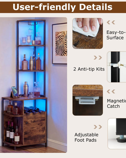 Giantex Corner Bar Cabinet w/Power Outlets | 6-Tier Industrial Wine Cabinet w/LED Light Strip