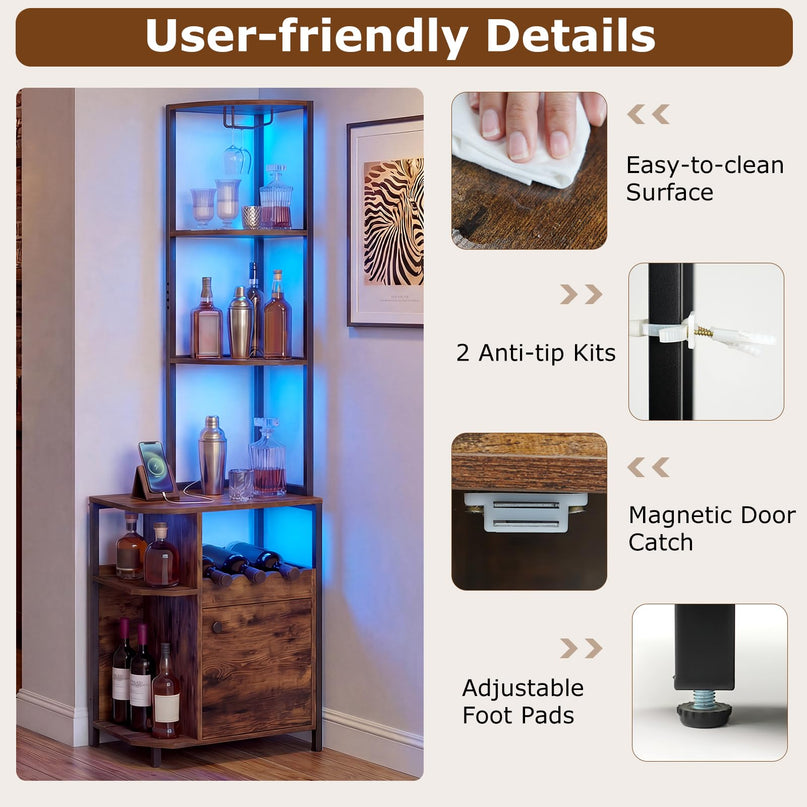 Meuble d'angle de bar Giantex avec prises électriques | Armoire à vin industrielle à 6 niveaux avec bandeau lumineux LED