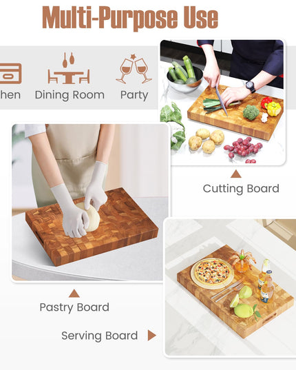 Giantex Teak Wood Cutting Board, 18" End Grain Chopping Block with Hand Grip, Pre-Conditioned With Natural Waxes & Oils