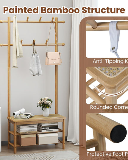 Giantex Portemanteau en rotin PE avec banc et rangement à chaussures pour entrée ou salon