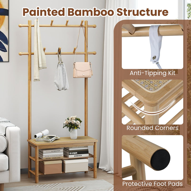 Giantex PE Rattan Hall Tree with Bench & Shoe Storage for Entryway Living Room
