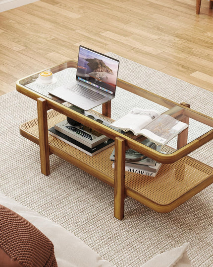 Giantex Rattan Coffee Table, 47.5" Rectangle Solid Wood Tea Table w/Tempered Glass Tabletop