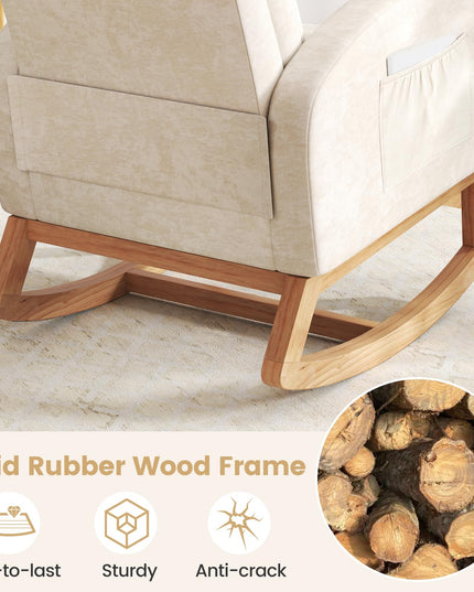 Giantex Fauteuil à bascule en chenille rembourré avec cadre en bois d'hévéa naturel