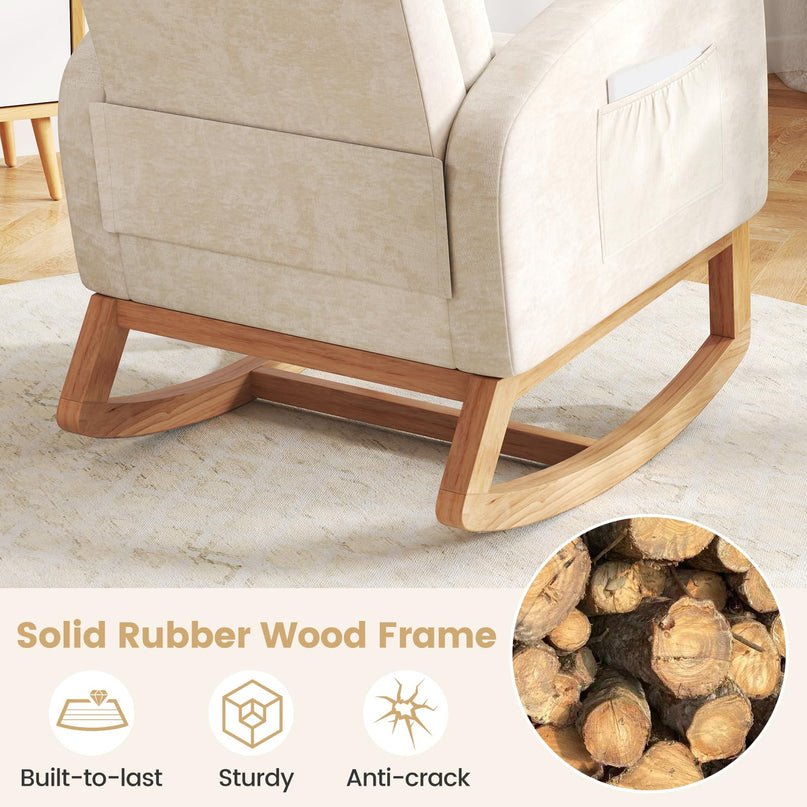 Giantex Rocking Chair Upholstered Chenille Rocker Chair Natural Rubber Wood Frame