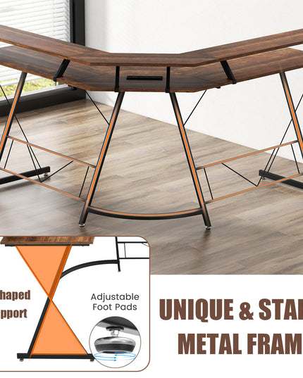 Giantex L Shaped Computer Desk with Power Outlet, 51" Corner Computer Desk with Monitor Stand and Reversible Keyboard Tray