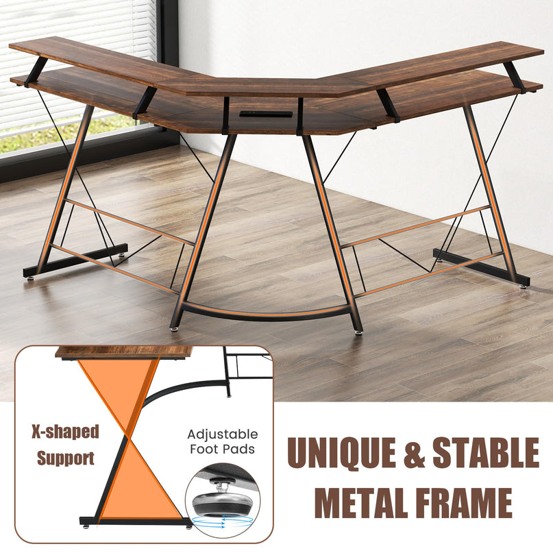 Giantex L Shaped Computer Desk with Power Outlet, 51" Corner Computer Desk with Monitor Stand and Reversible Keyboard Tray