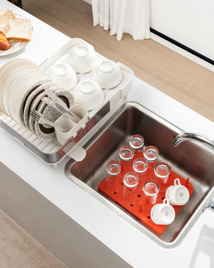 Giantex Expandable Dish Drying Rack - Adjustable Dual-Part Dish Drainer with Detachable Utensil Holder