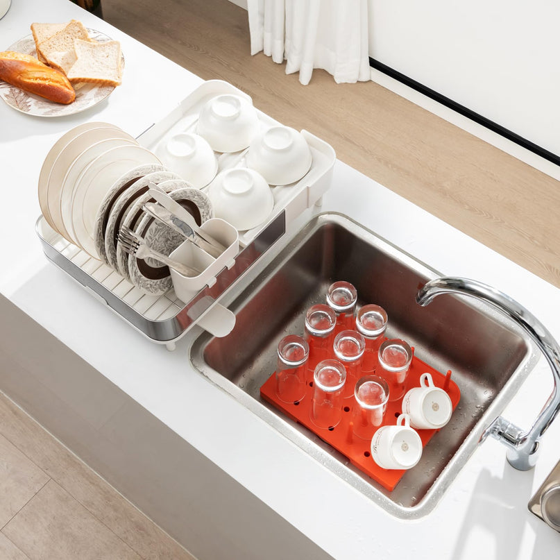 Giantex Expandable Dish Drying Rack - Adjustable Dual-Part Dish Drainer with Detachable Utensil Holder