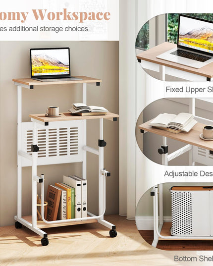 Giantex Height Adjustable Portable Laptop Cart on Wheels with Storage Shelves