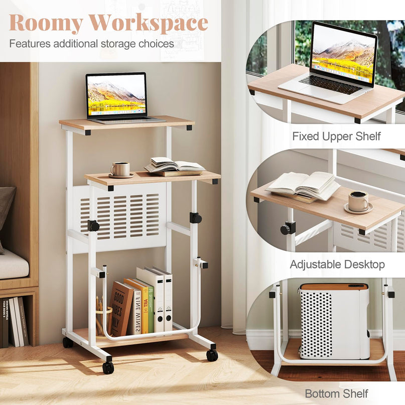 Giantex Height Adjustable Portable Laptop Cart on Wheels with Storage Shelves