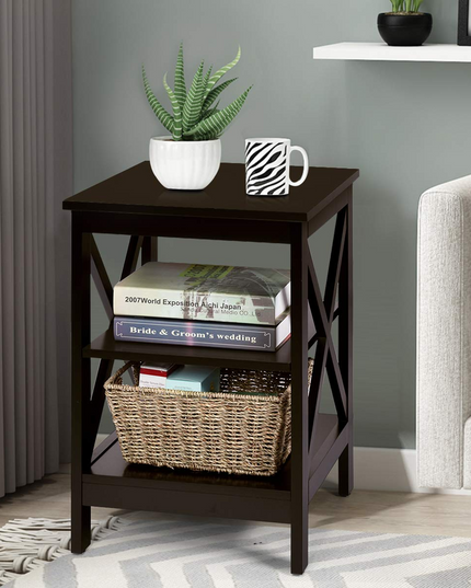 Nightstand 3-Tier X-Design W/Storage Shelves and Stable Structure Storage Organizer Display Sofa Side Table