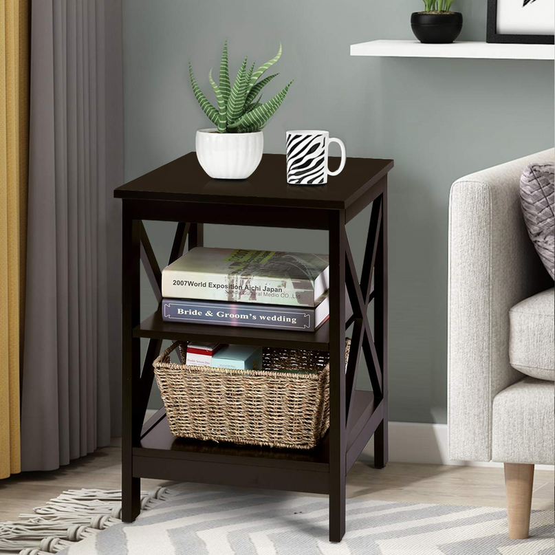 Nightstand 3-Tier X-Design W/Storage Shelves and Stable Structure Storage Organizer Display Sofa Side Table