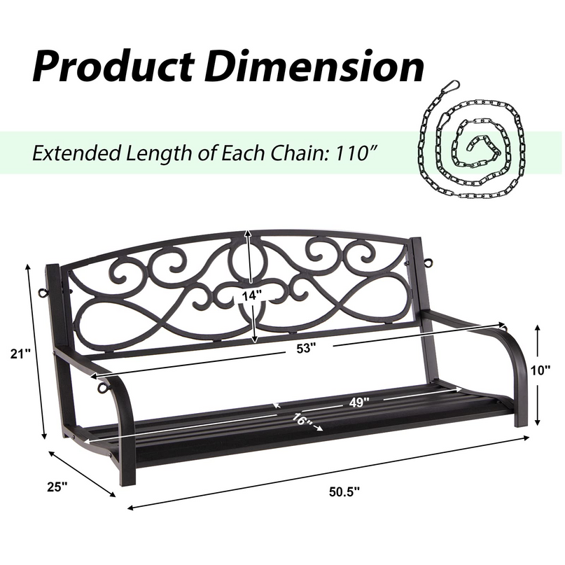 Metal Porch Swings 2 Person Outdoor Hanging Garden Bench with Sturdy Chains