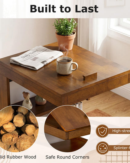 Giantex C-Shaped End Table with Wheels Adjustable Desktop Edge Stopper & 3 Storage Shelves