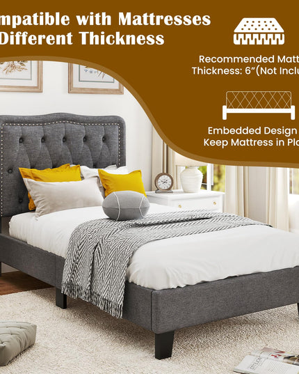 Giantex Twin Size Bed Frame, Modern Linen Upholstered Platform Bed w/ 46" Tall Button Tufted Headboard