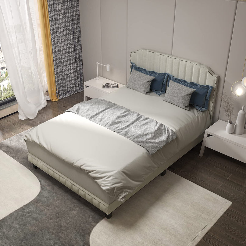 Giantex Upholstered Bed Frame, Linen Platform Bed w/Rivet Headboard, Heavy Duty Mattress Foundation