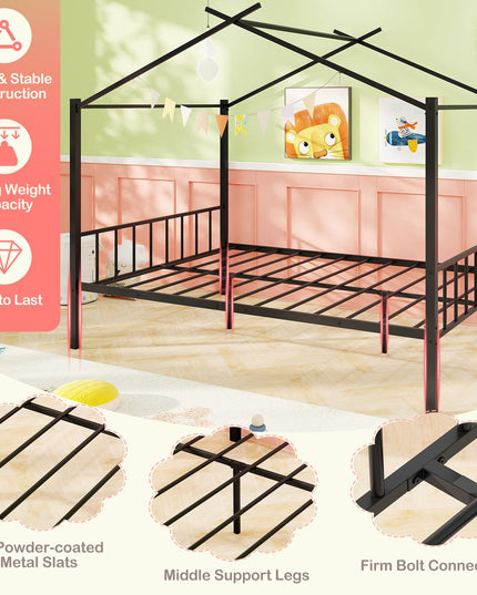 Giantex Metal Montessori Full Size House Bed with 2 Storage Drawers Noise Free