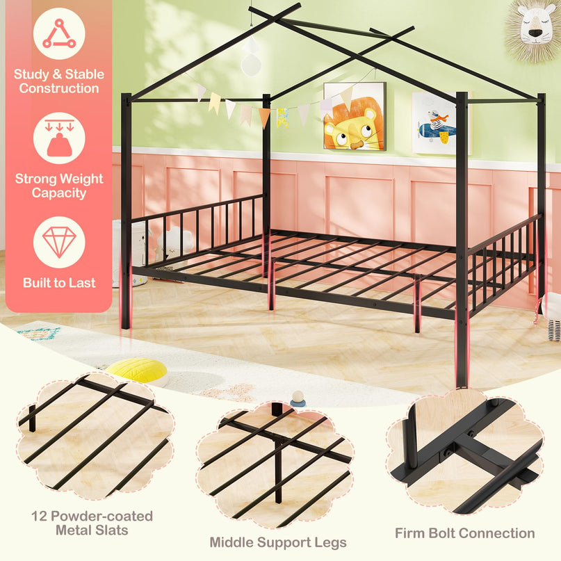 Giantex Metal Montessori Full Size House Bed with 2 Storage Drawers Noise Free