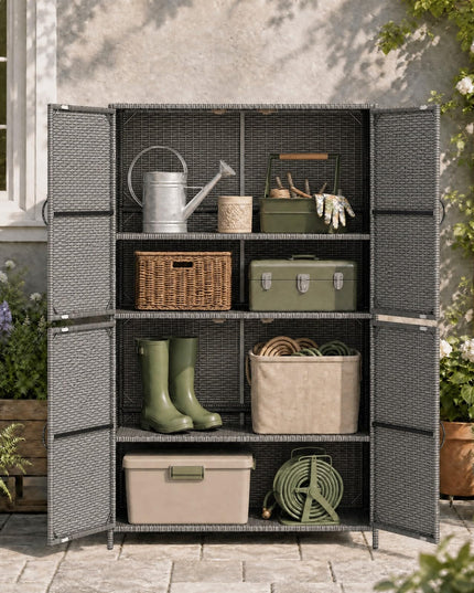 GIANTEX 4-Door PE Rattan Outdoor Storage Cabinet w/ Adjustable Shelves & Anti-Toppling Device