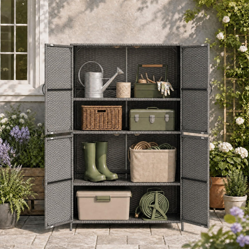 GIANTEX 4-Door PE Rattan Outdoor Storage Cabinet w/ Adjustable Shelves & Anti-Toppling Device