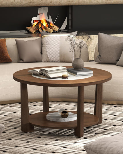 Giantex 2-Tier Round Farmhouse Coffee Table with 2-Tone Tabletop