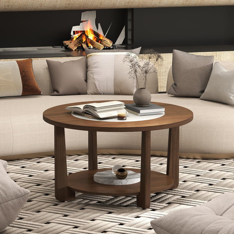 Giantex 2-Tier Round Farmhouse Coffee Table with 2-Tone Tabletop