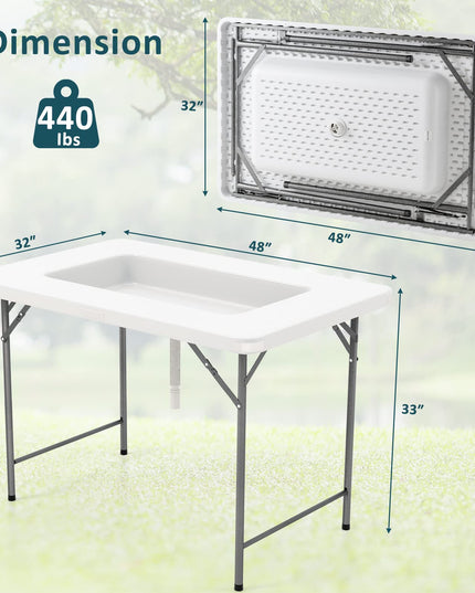 Giantex 4Ft Folding Ice Cooler Table with Drain - No Assembly Ice Bin Table with Edge and Removable Matching Skit