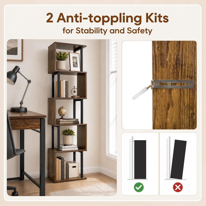 GIANTEX 5-Tier S-Shaped Wood Bookcase w/Metal Frame (1/2)