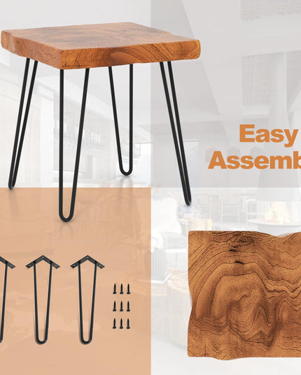 Giantex Teak Wood End Table, Solid Live Edge Outdoor Side Table w/Natural Grain & Heavy-Duty Metal Legs