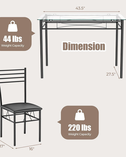 Giantex 5 Piece Dining Table Set, Kitchen Dining Set with Tempered Glass Table Top and 4 Upholstered Chairs (Black)