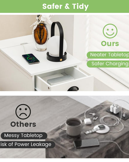 Table d'appoint Giantex avec station de recharge (lot de 2), table d'appoint à plateau relevable avec ports USB et prises électriques, blanc