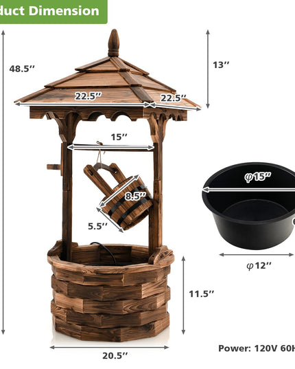 Giantex Rustic Wishing Well Fountain, Outdoor Wooden Water Fountain with Electric Pump