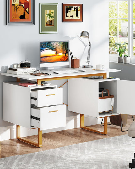 Giantex Computer Desk with Drawers & Cabinet, 51” Long Home Office Desk with Floating Desktop & Metal Frame