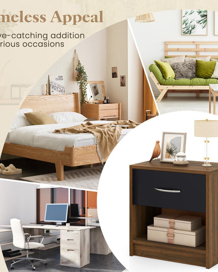 Giantex Night Stand Set of 1/2 with Drawer, Wood  End Table with Open Storage Shelf for Bedroom