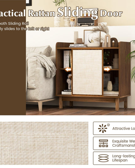 Giantex Sideboard Cabinet, Farmhouse Buffet Storage Cabinet with Sliding Rattan Door, 2 Adjustable Shelves