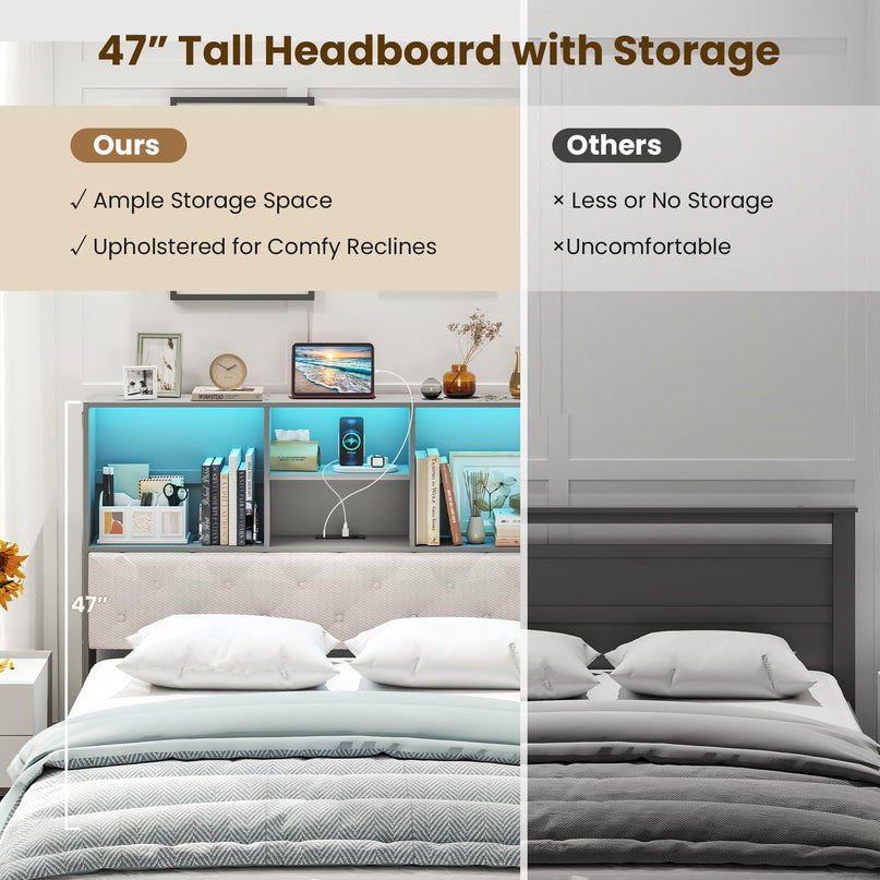 Giantex Gray Full Size Bed Frame with Upholstered Bookcase Headboard