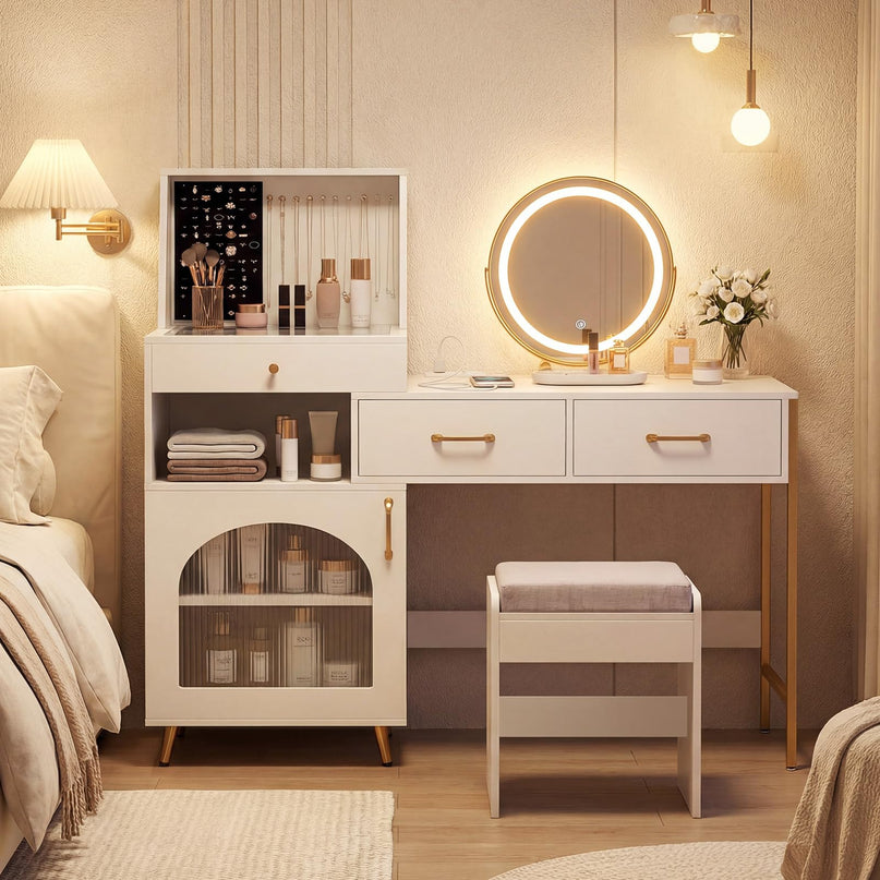 CHARMAID Vanity Desk with Charging Station Jewelry Organizer