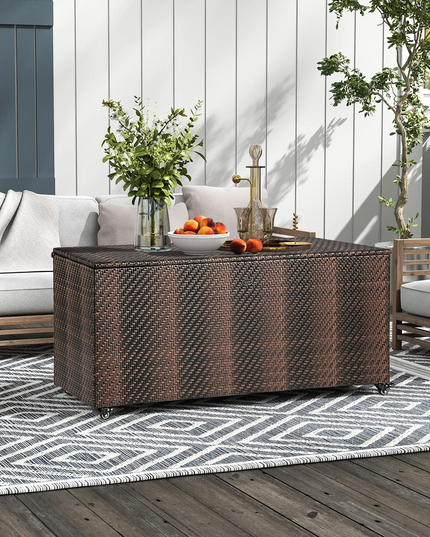 Giantex 96-Gallon Outdoor Storage Box - PE Wicker Deck Box with Lid, Outside Rattan Storage